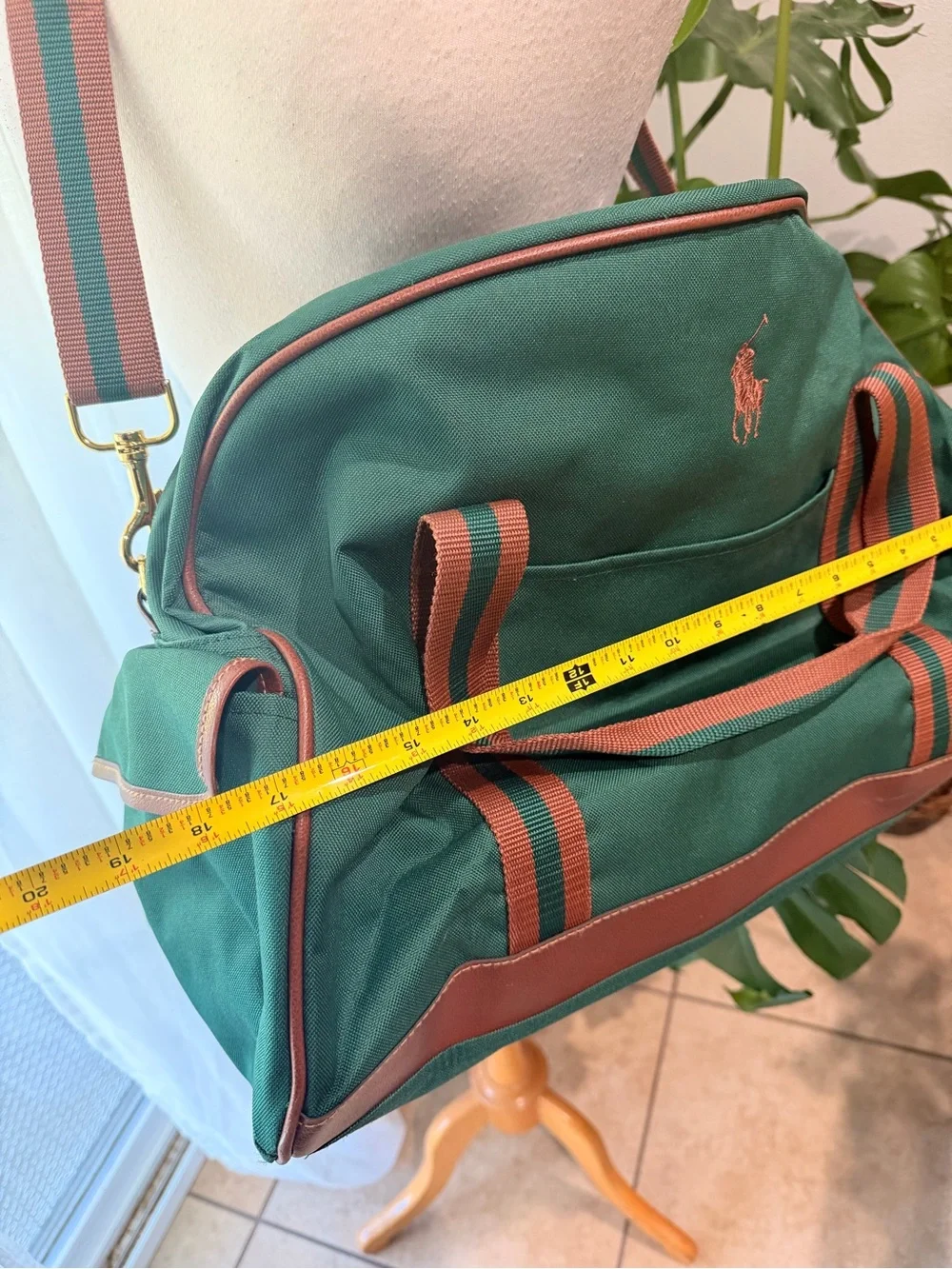 Polo Ralph Lauren Green Canvas Duffle Bag Leather Trim